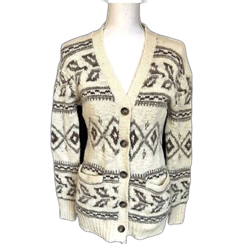 Polo Ralph Lauren Ivory Taupe Nordic Southwestern Wool V-Neck Cardigan Size L - Picture 2 of 14